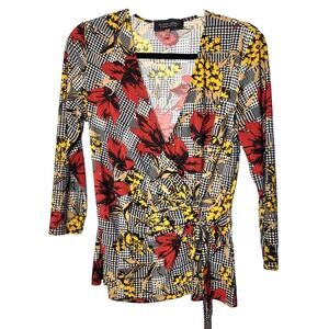 Black Label by Evan-Picone‎ Houndstooth Faux Wrap Top 3/4 Sleeve Small Career